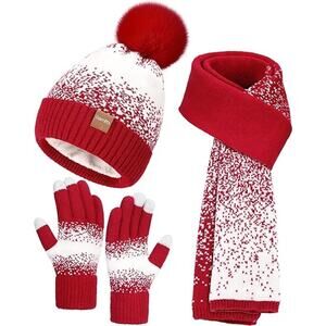 Remifa 3 In 1 Women's Winter Beanie Hat Scarf Gloves Set -  Red White